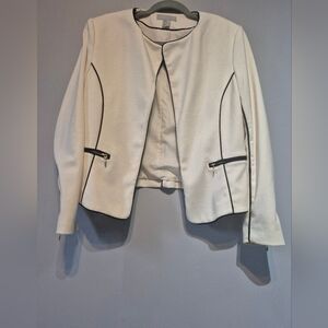H&M White Open-Front Jacket with Black Piping